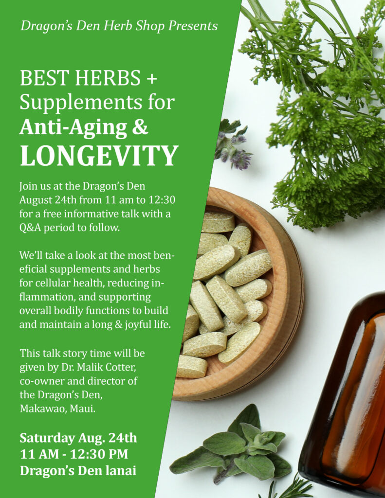 Herbs and supplements for antiaging and longevity with Malik flyer